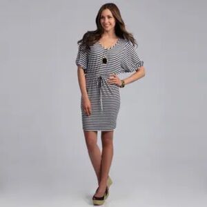 Calvin Klein Black and White Striped Midi Dress drawstring waist Size 6